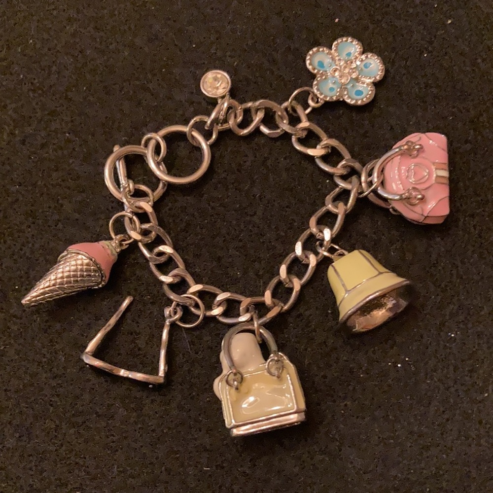 Charm Bracelet Silver Tone Pink, Turquoise Black Yellow Costume Jewelry 7 Charms